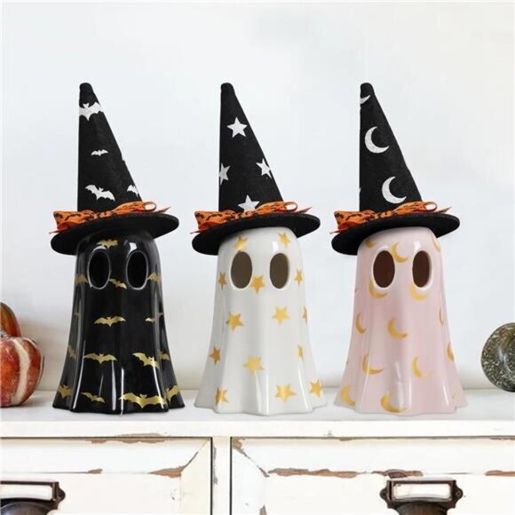 Ghost Halloween Decor, Set of 3 Ceramic Halloween Ghost Witch Decorations Indoor - Picture 2 of 6